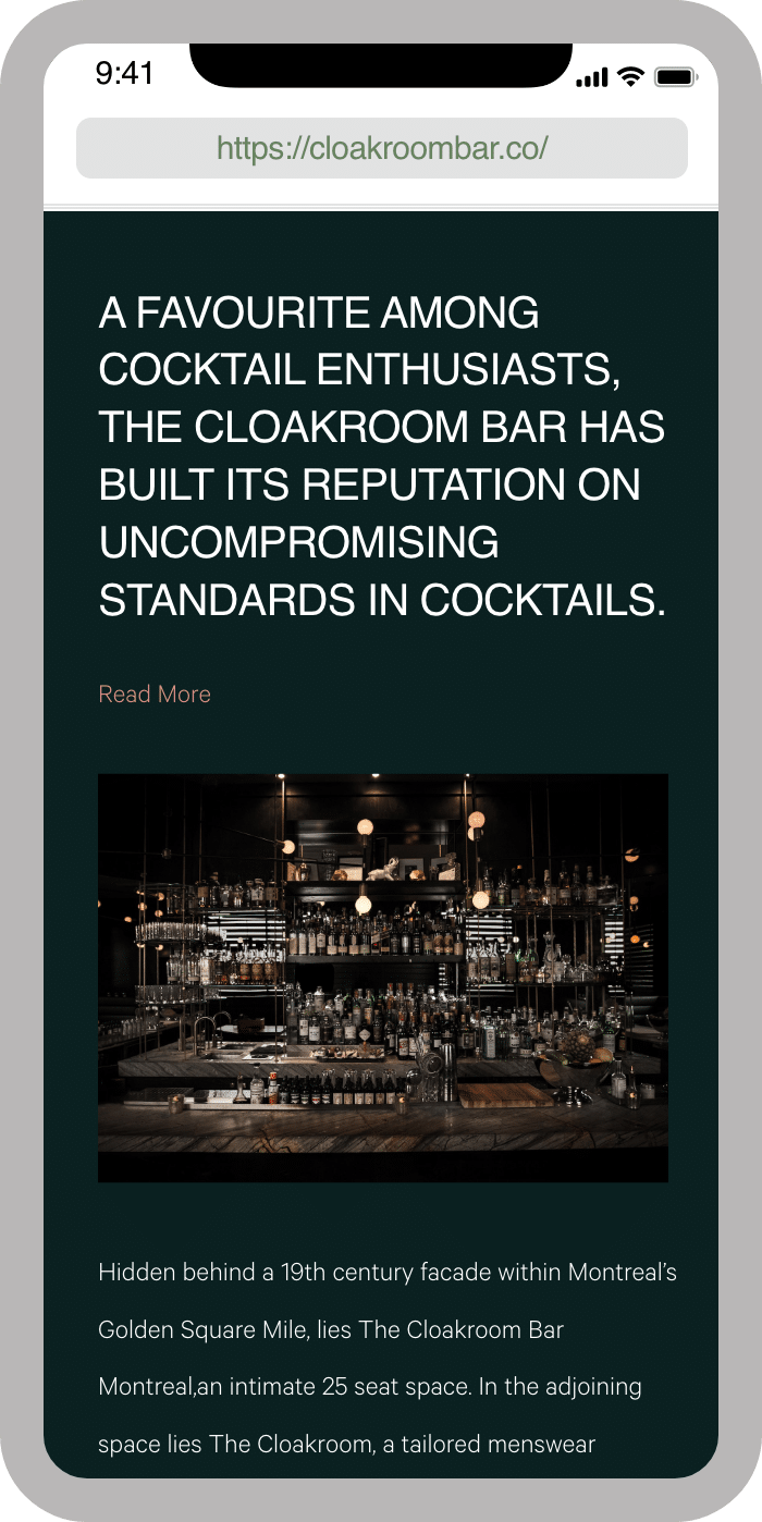 iPhone mockup featuring The Cloakroom Bar website