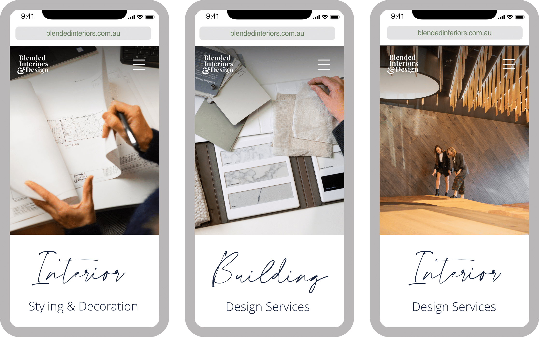 iPhone mockups featuring the Blended Interiors & Design website